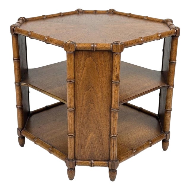 1970s Henredon Attributed Faux Bamboo Octagonal Tiered Side Table - Palm Beach Regency Style For Sale