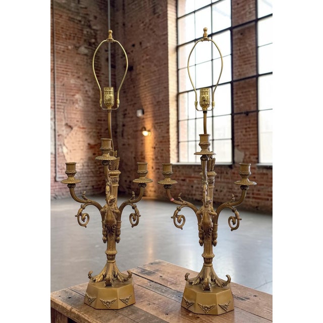 Pair of Hollywood Regency French Bronze Putti Candelabra Table Lamps - Paris For Sale - Image 4 of 10