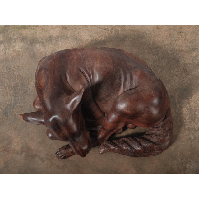 Art Deco Hand-Carved Wooden Sleeping Dog Sculpture in Curled Resting Form For Sale - Image 3 of 5