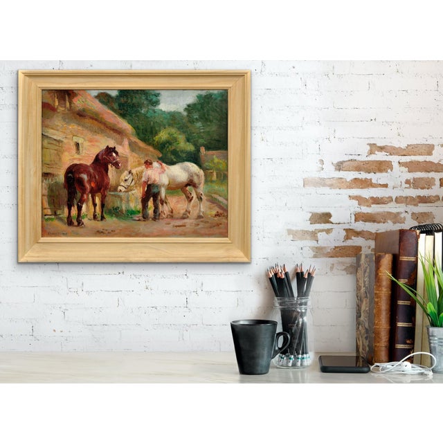 Brown Raimond Louis Lecourt, Working Horses at the Trough, 1908, Oil on Canvas, Framed For Sale - Image 8 of 18