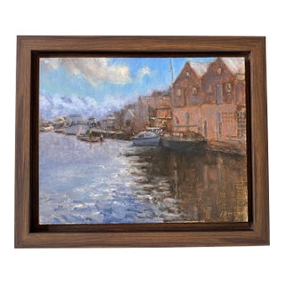 Contemporary British Oil by Listed Artist “Winter on Exeter Quay”, Framed For Sale