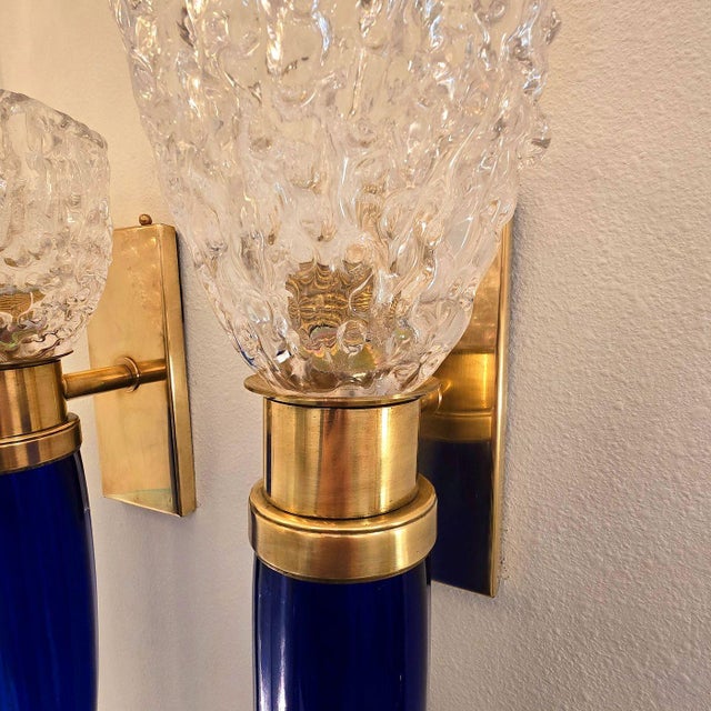 Metal 1970s Mid Century Modern Blue Murano Glass Italian Sconces - A Pair For Sale - Image 7 of 12