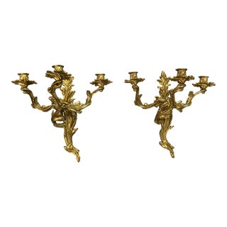 Vintage Mid 20th Century French Rococo Style Brass Wall Sconces, a Pair For Sale