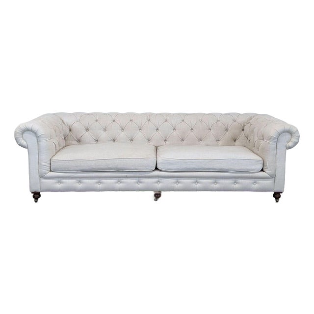 Restoration Hardware Kensington Classic 3-Seat Chesterfield Sofa in Light Linen For Sale