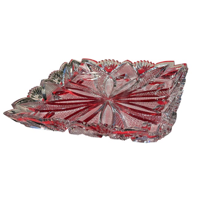 Large Antique American Brilliant Cut Glass Square Serving Bowl Platter Tray. It was photographed on a red book to show the...