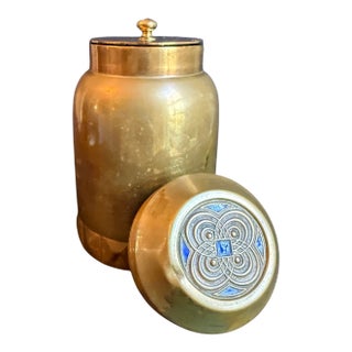 Vintage Brass Canister With Decorative Blue Enamel Top For Sale