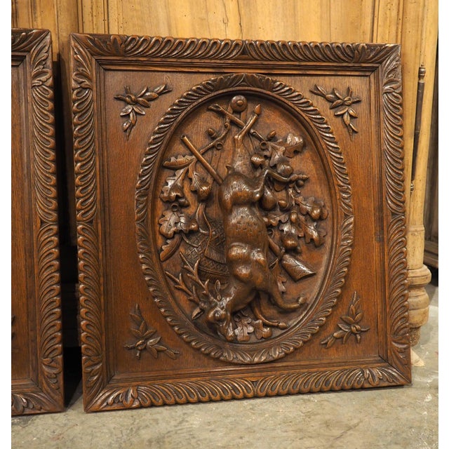 Wood Pair of French Antique Black Forest Panels in Carved Oak, Late 19th Century For Sale - Image 7 of 18