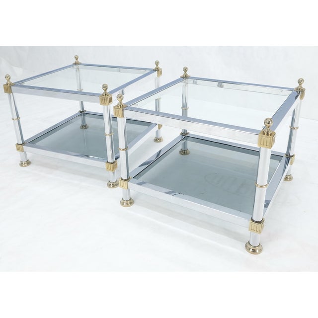 Pair of Square Chrome & Brass Smoked Glass Two Tier End Side Tables MINT! For Sale - Image 6 of 11