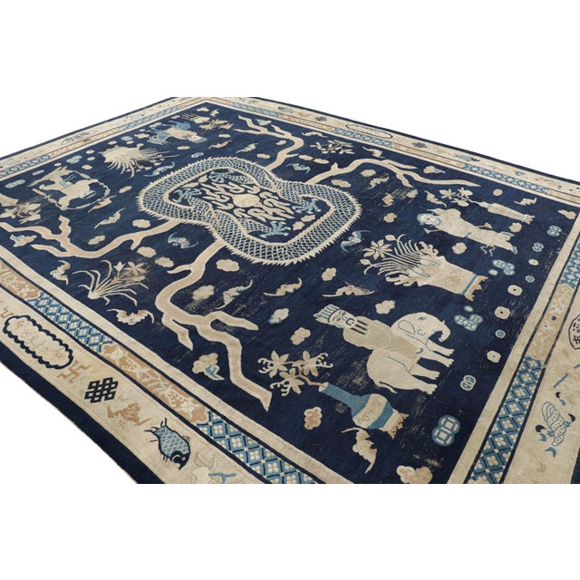 Rug & Kilim Oversized Antique Chinese Peking Rug in Navy Blue With Pictorials - Rug & Kilim For Sale - Image 4 of 9