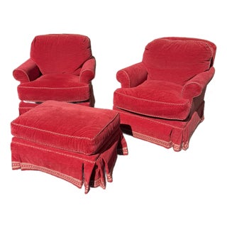 Pair of Pearson Armchairs With Matching Ottomans — Classic Skirted Lounge Chairs • Designer Upholstery For Sale