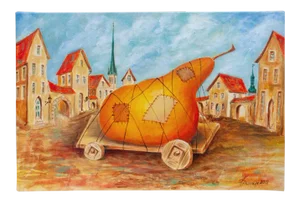 2012 Vlad Pronkin Original "Big Pear in an Old City" Surrealist Painting, Signed