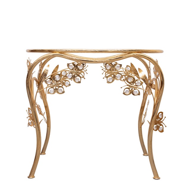 1980s Hollywood Regency Oval Brass and Crystal Butterfly Side Table, 1980s For Sale - Image 5 of 8