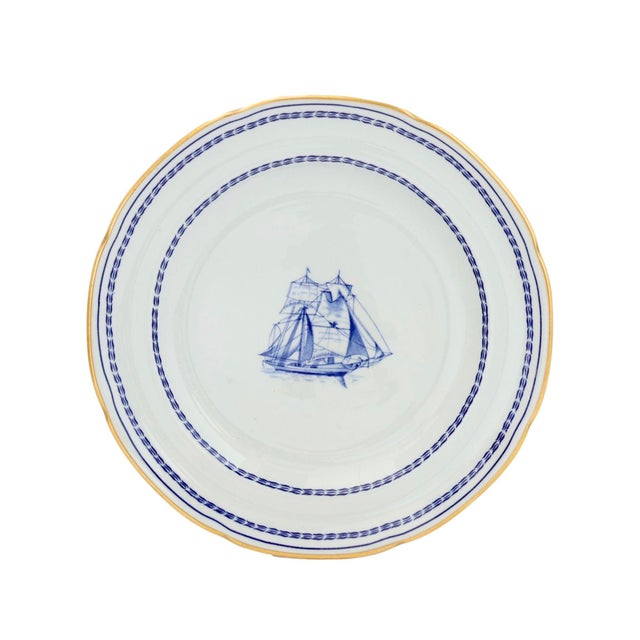 Set of eight mid 20th century Spode Tradewinds dessert or bread plates featuring a cobalt blue depiction of the Brig Built...