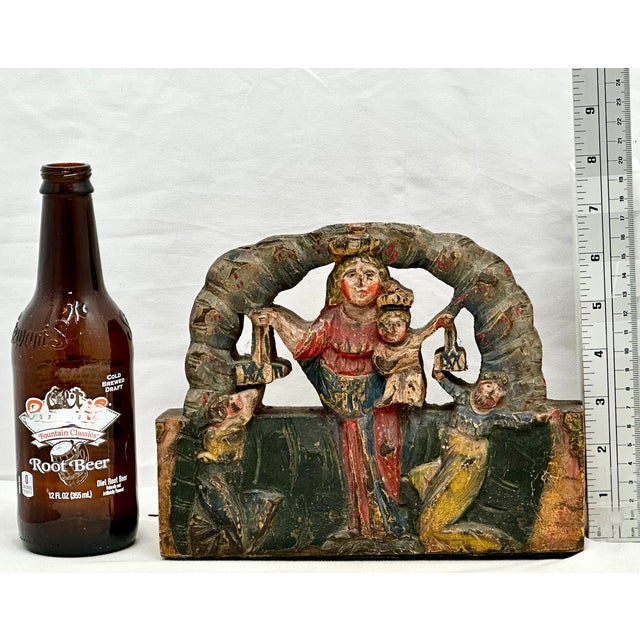 Unusual Antique Italian Hand Carved & Painted Wood Madonna & Child Sicilian Donkey Cart Fragment - Weighted for Doorstop For Sale - Image 17 of 18
