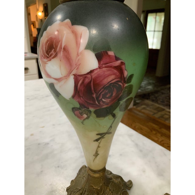 Pair Antique Hand‑Painted Porcelain & Brass Mantel Ewers / Garniture / Roses Motif For Sale In New Orleans - Image 6 of 10