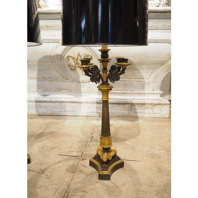 Metal Pair of French Charles X Patinated Bronze Candelabra Lamps, Circa 1830s For Sale - Image 7 of 18