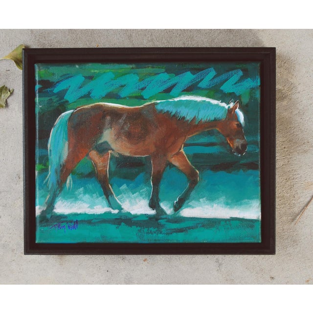 Lunar Eclipse by Tracy Wall | Mixed Media on Canvas Horse walking in a blue-toned landscape. For Sale - Image 4 of 4