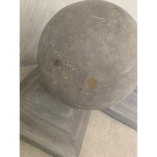 Plastic Architectural Garden Ornamental Faux Carved Stone Gate Pier Pillar Sphere Ball Orb Finial on Pedestal Base - A Pair For Sale - Image 7 of 12