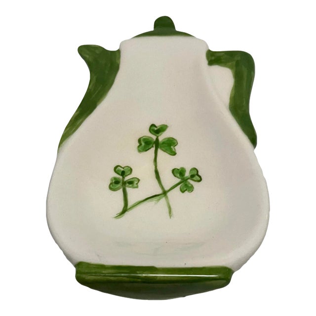 Folk Art Hand Painted Green ShamrockTea Bag Rest, Signed by the Artist For Sale