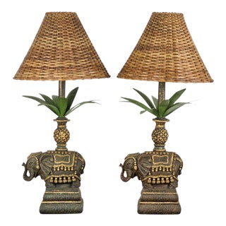 Pair of British Colonial Style Elephant Table Lamps With Rattan Shades For Sale
