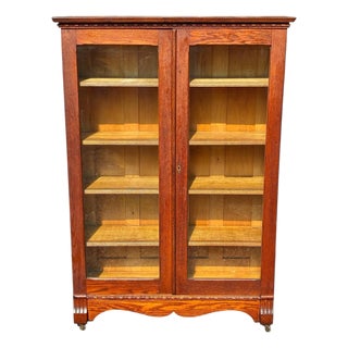 Antique Larkin Oak Bookcase / China Cabinet With Glass Doors & Carvings For Sale