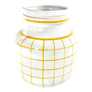 Vintage Italian Ceramic Vase With Yellow Grid Pattern – Mediterranean Tuscan Style Pottery For Sale