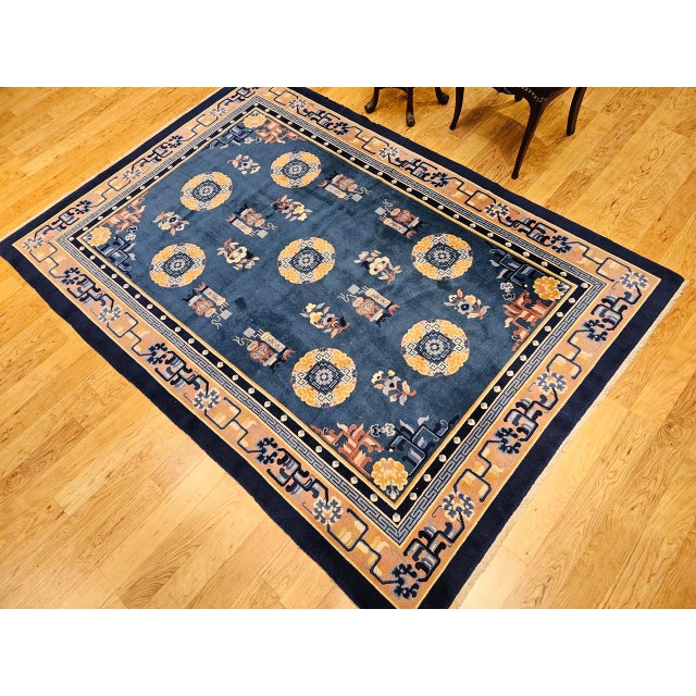 Vintage Art Deco Chinese Rug, Handwoven Wool Pile, Floral Design, Blue, 6' x 8' For Sale - Image 14 of 14