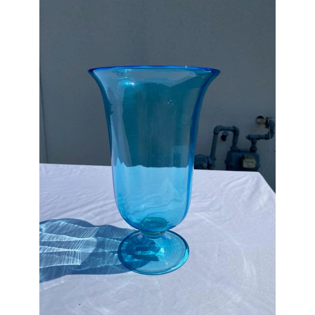 Vintage Mid 20th Century Aqua Glass Footed Vase For Sale In Little Rock - Image 6 of 8
