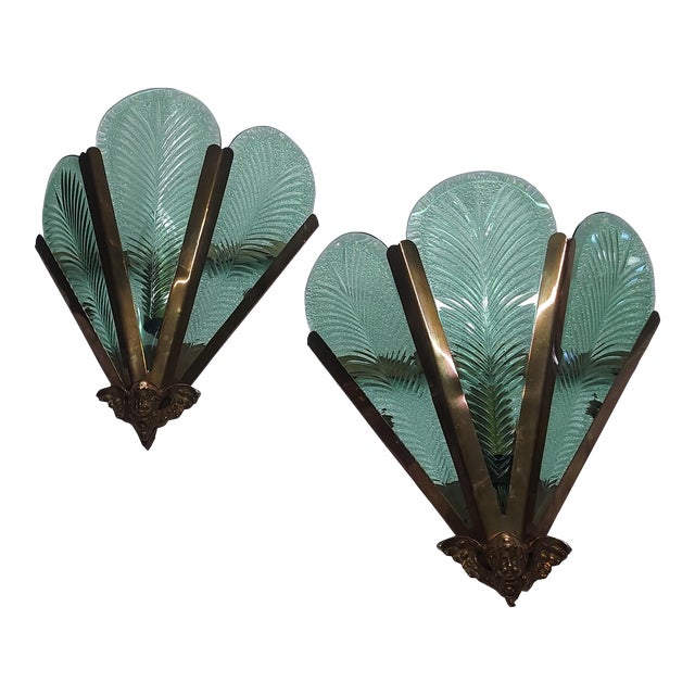 Pair of Vintage Art Deco Nouveau Brass Green Cut Glass Fixture Slip Shade Wall Sconces For Sale