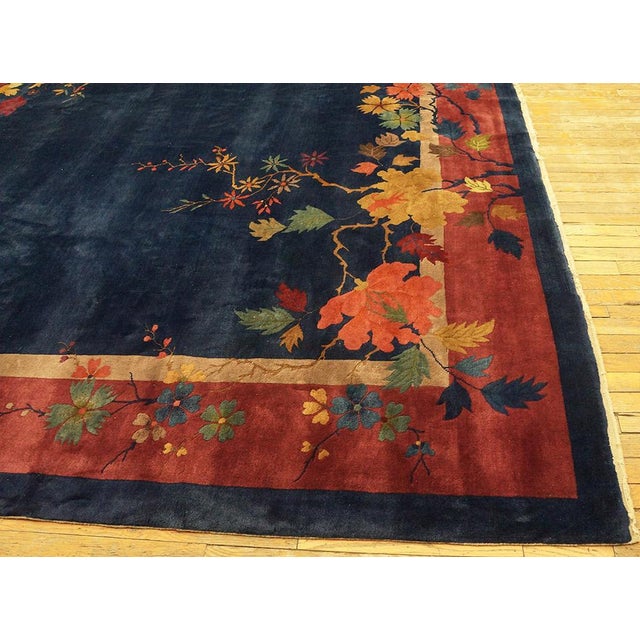 Early 20th Century 1920s Blue Navy Floral Antique Chinese Art Deco Rug 9' X 11'8" Handknotted Wool Carpet For Sale - Image 5 of 8