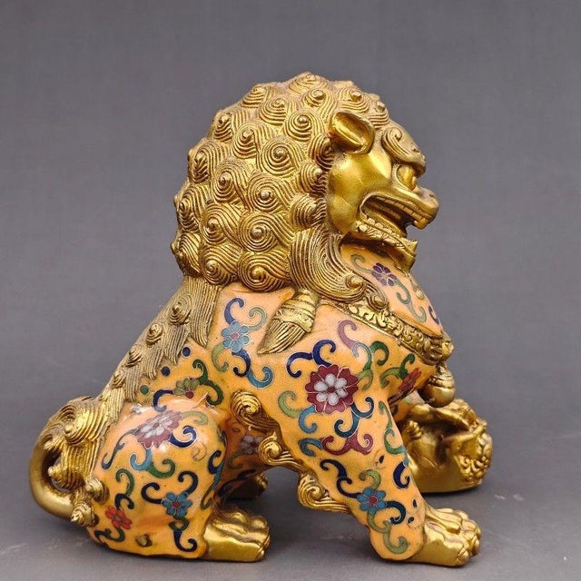 Pair of Vintage Cloisonné Gilt Bronze Guardian Lion Statues With Floral Enamel For Sale - Image 13 of 13