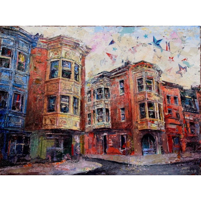The Queen's Formal Entrance by Josh George | Mixed media on wood panel Cityscape with colorful buildings. For Sale