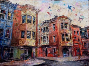 The Queen's Formal Entrance by Josh George | Mixed media on wood panel Cityscape with colorful buildings.