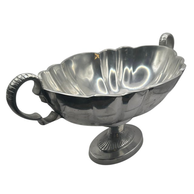 Metal Vintage Pewter Pedestal Centerpiece Bowl With Scalloped Rim and Scrolled Handles For Sale - Image 7 of 10