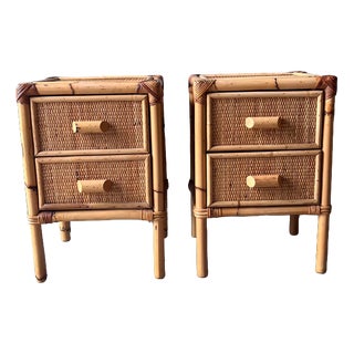 Bamboo and Cane Nightstands with Drawers, Set of 2 For Sale