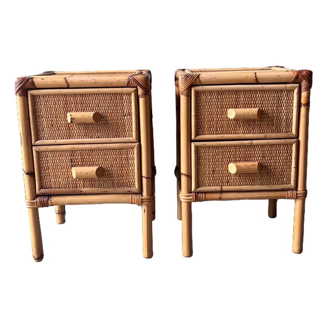 Bamboo and Cane Nightstands with Drawers, Set of 2 For Sale