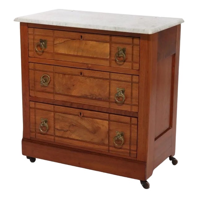 Antique Eastlake School Walnut & Burl Three Drawer Marble Top Commode Circa 1890 For Sale