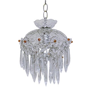 Vintage Crystal Basket Chandelier With Pressed Flower Swags & Amber Beads For Sale