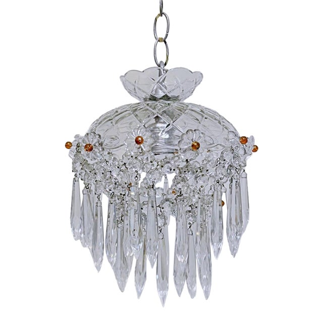 Vintage Crystal Basket Chandelier With Pressed Flower Swags & Amber Beads For Sale