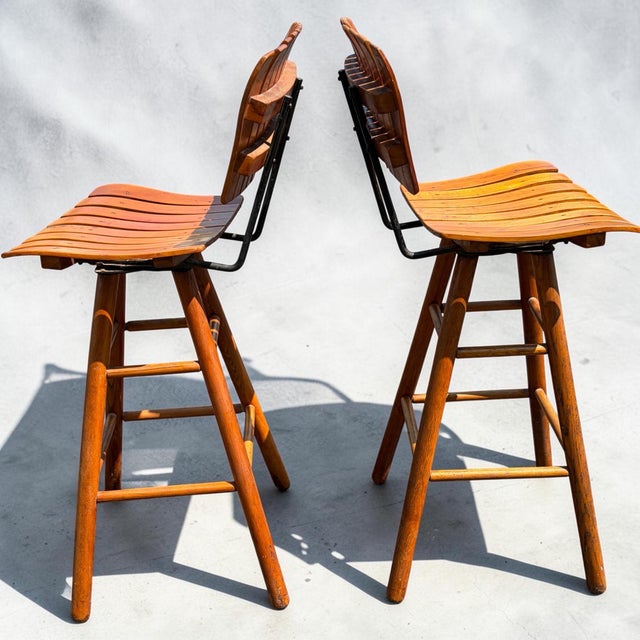 Arthur Umanoff Pair Original MCM Arthur Umanoff Style Wood Slat Stools For Sale - Image 4 of 7