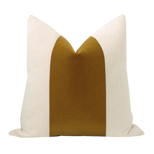 Pair of beautiful 22" natural linen pillows with a bourbon mohair velvet center and solid natural linen reverse....