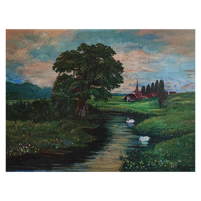 Olga Steiner, Balade des cygnes, 1928, Oil on Canvas For Sale