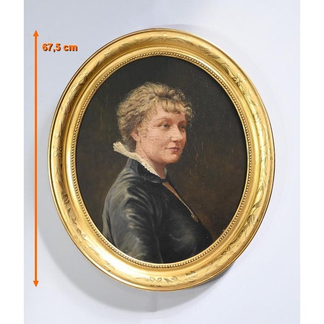 Oil painting on wood panel. This work is a portrait of a lady in her forties. with medium-length blond hair, black blouse...