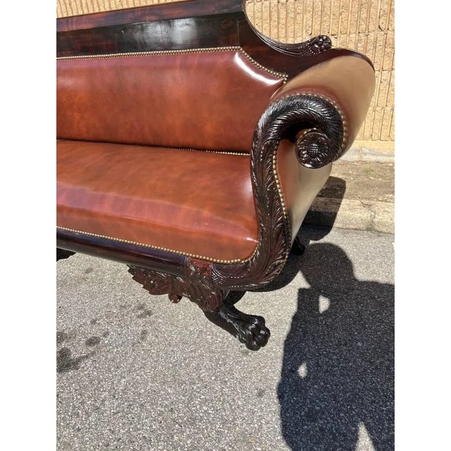 19th Century Antique Empire Style Carved Mahogany Leather Upholstered Sofa 19th Century For Sale - Image 5 of 12