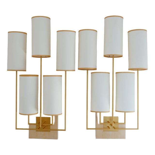 Tiges5 Wall Sconces in Patinated Gold Metal and Fabric by Aymeric Lefort, Set of 2 For Sale