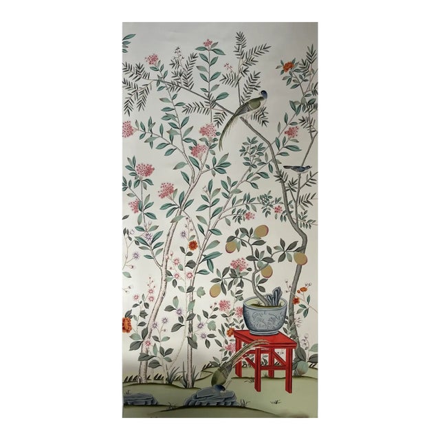 Chinoiserie Floral Mural Hand Painted Wallpaper For Sale