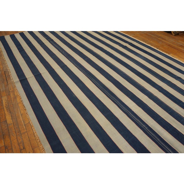 Indian 1920s Blue White Stripe Antique Agra Dhurrie Indian Rug 8'6" X 13'2" Flat Weave Cotton Carpet For Sale - Image 3 of 7