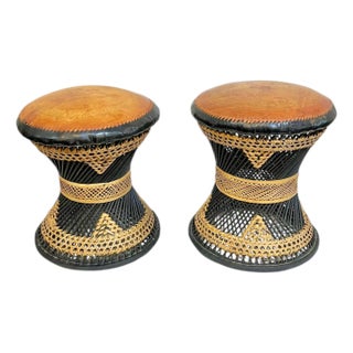 Pair of Mid-Century Anglo-Indian Leather & Rattan Drum Stools For Sale