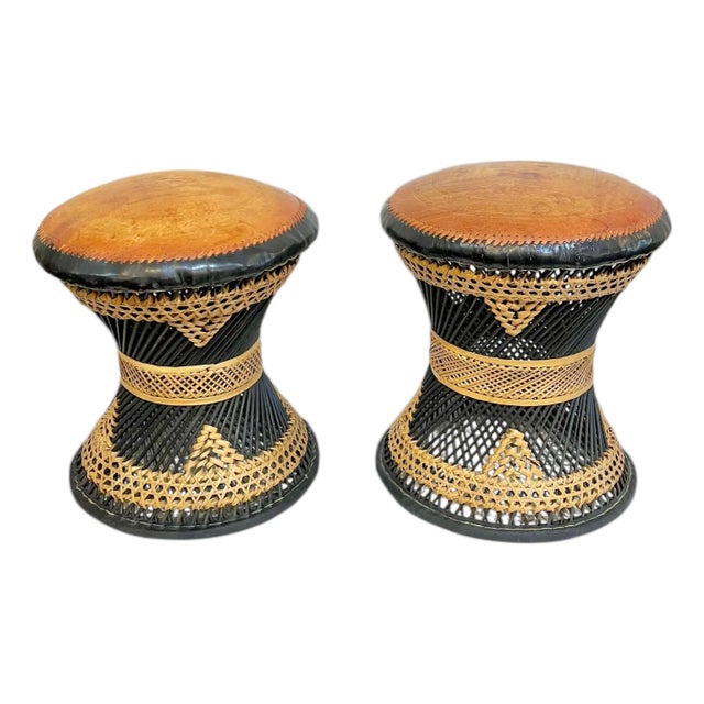 Pair of Mid-Century Anglo-Indian Leather & Rattan Drum Stools For Sale