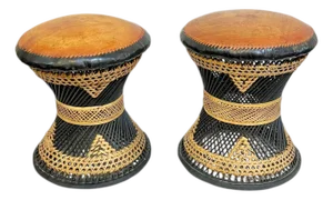 Pair of Mid-Century Anglo-Indian Leather & Rattan Drum Stools